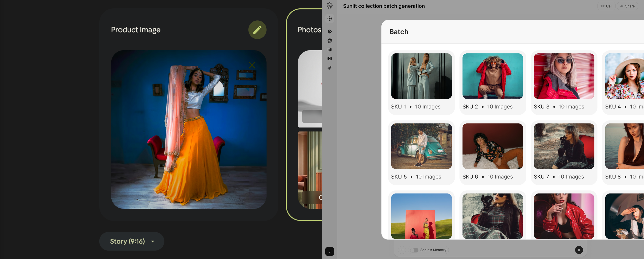 AI-generated fashion product image with model in studio alongside batch image generation dashboard for ecommerce SKUs