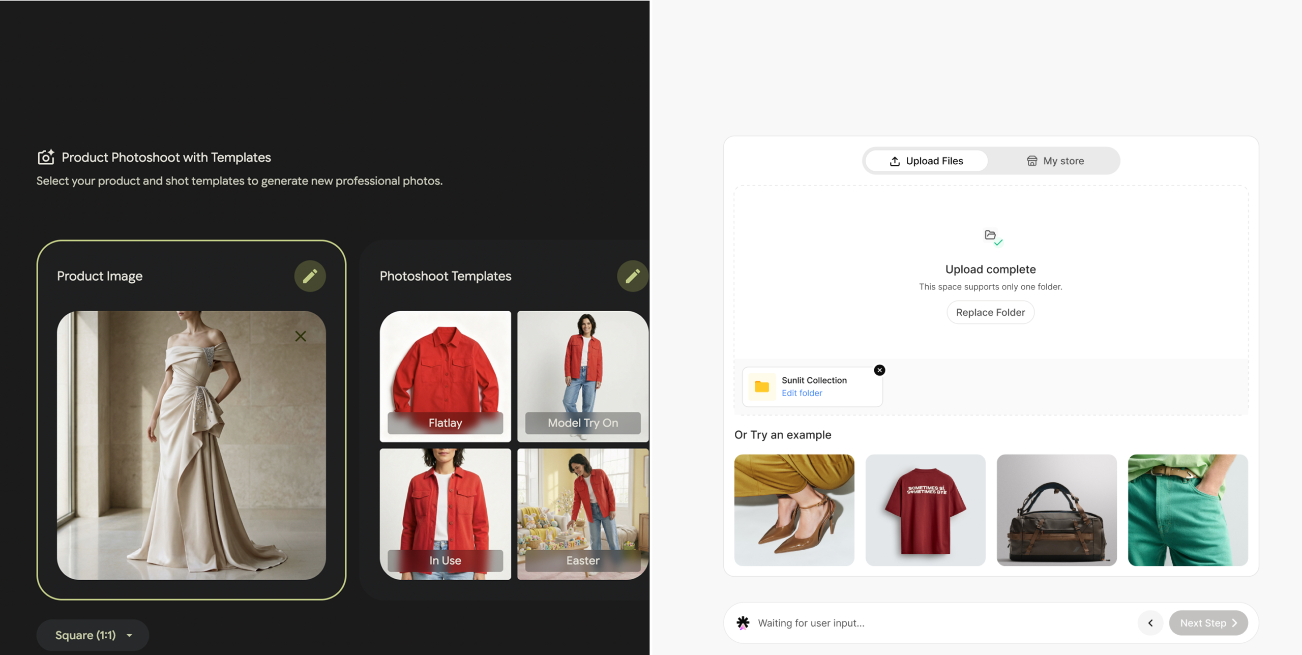AI product photoshoot interface with model image and template options for ecommerce product photography