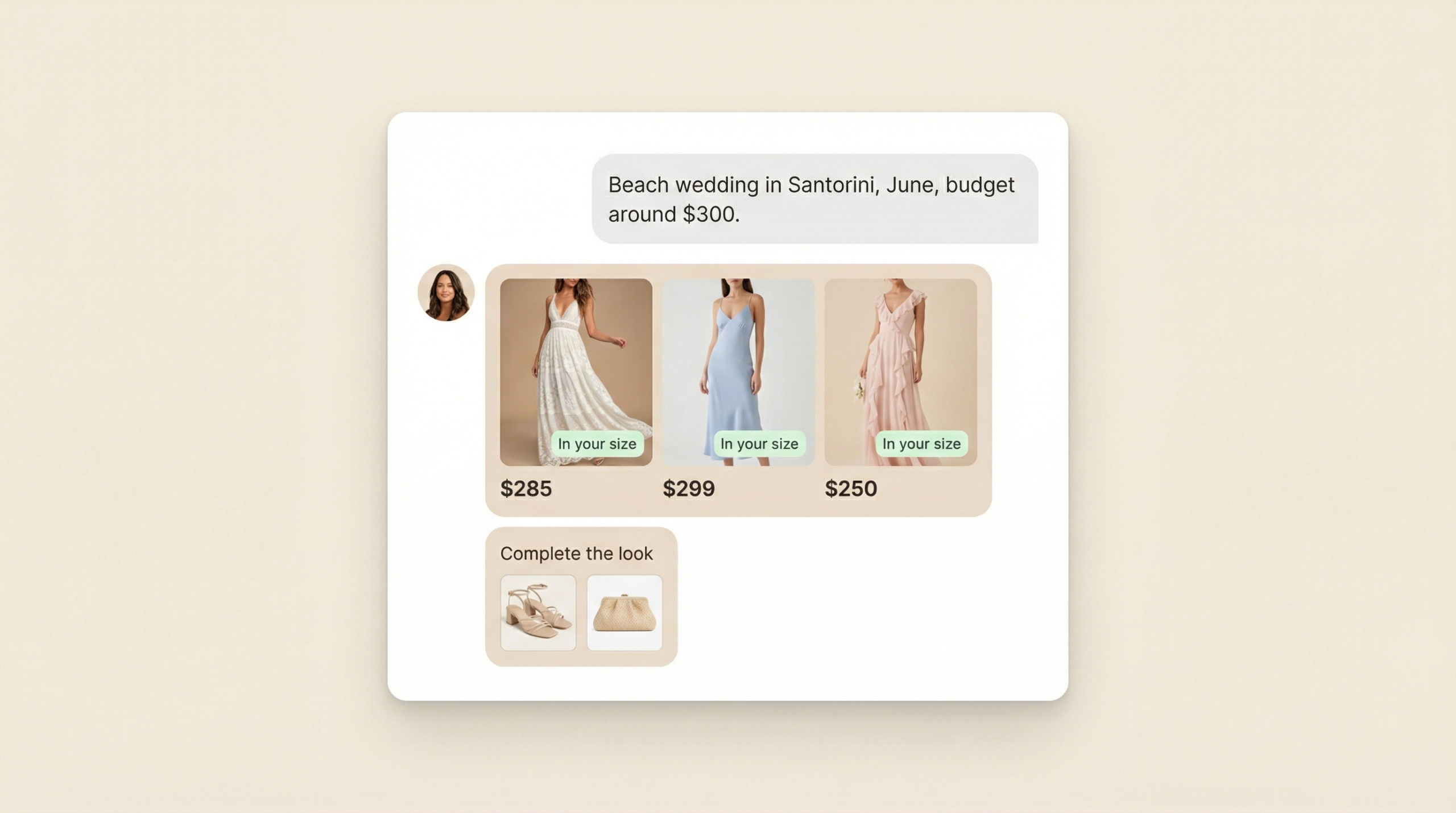 AI shopping assistant recommending dresses based on user prompt with personalized size and budget suggestions