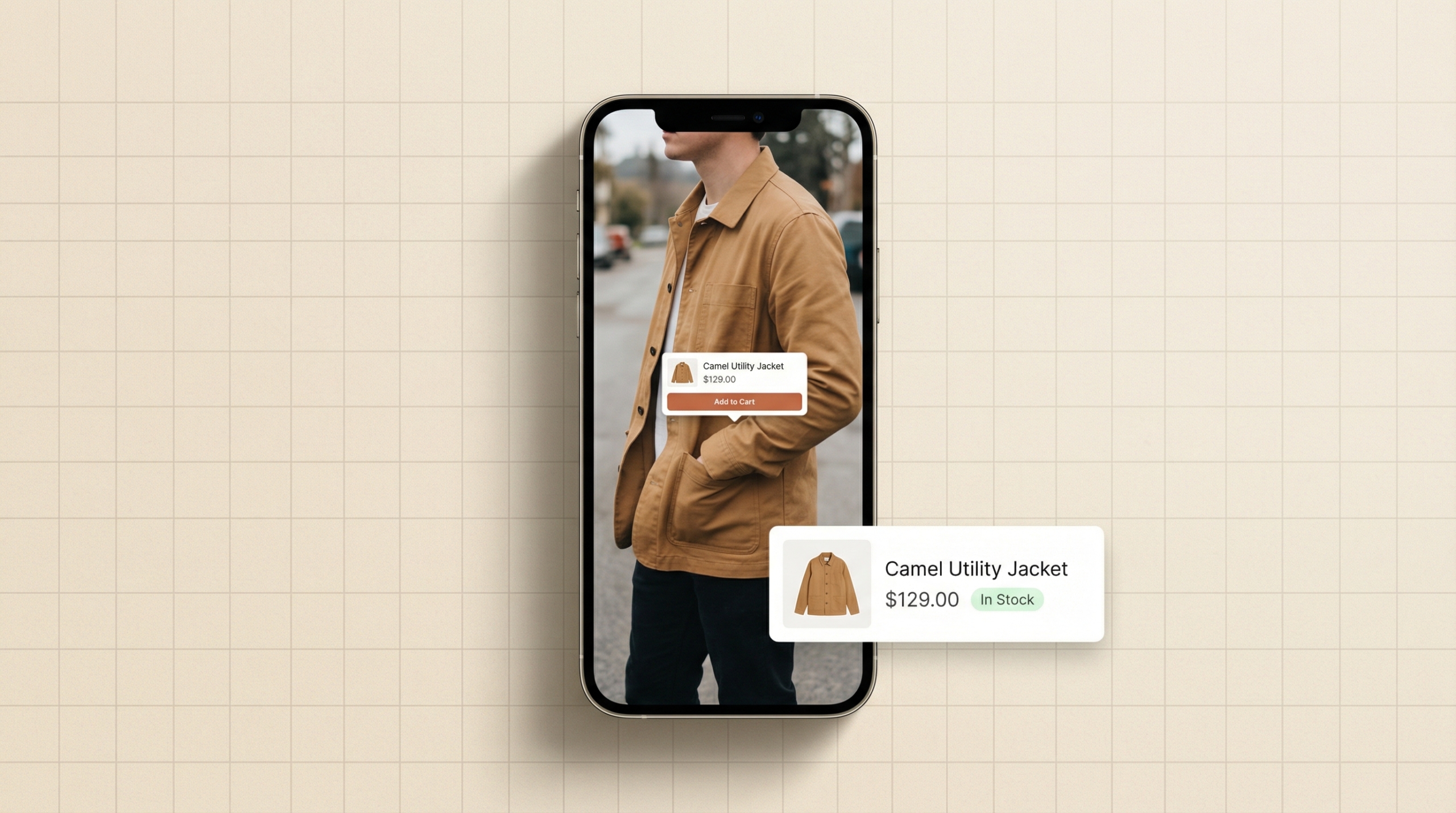 AI ecommerce visual recognition tool detecting a jacket and enabling in-app product purchase on mobile