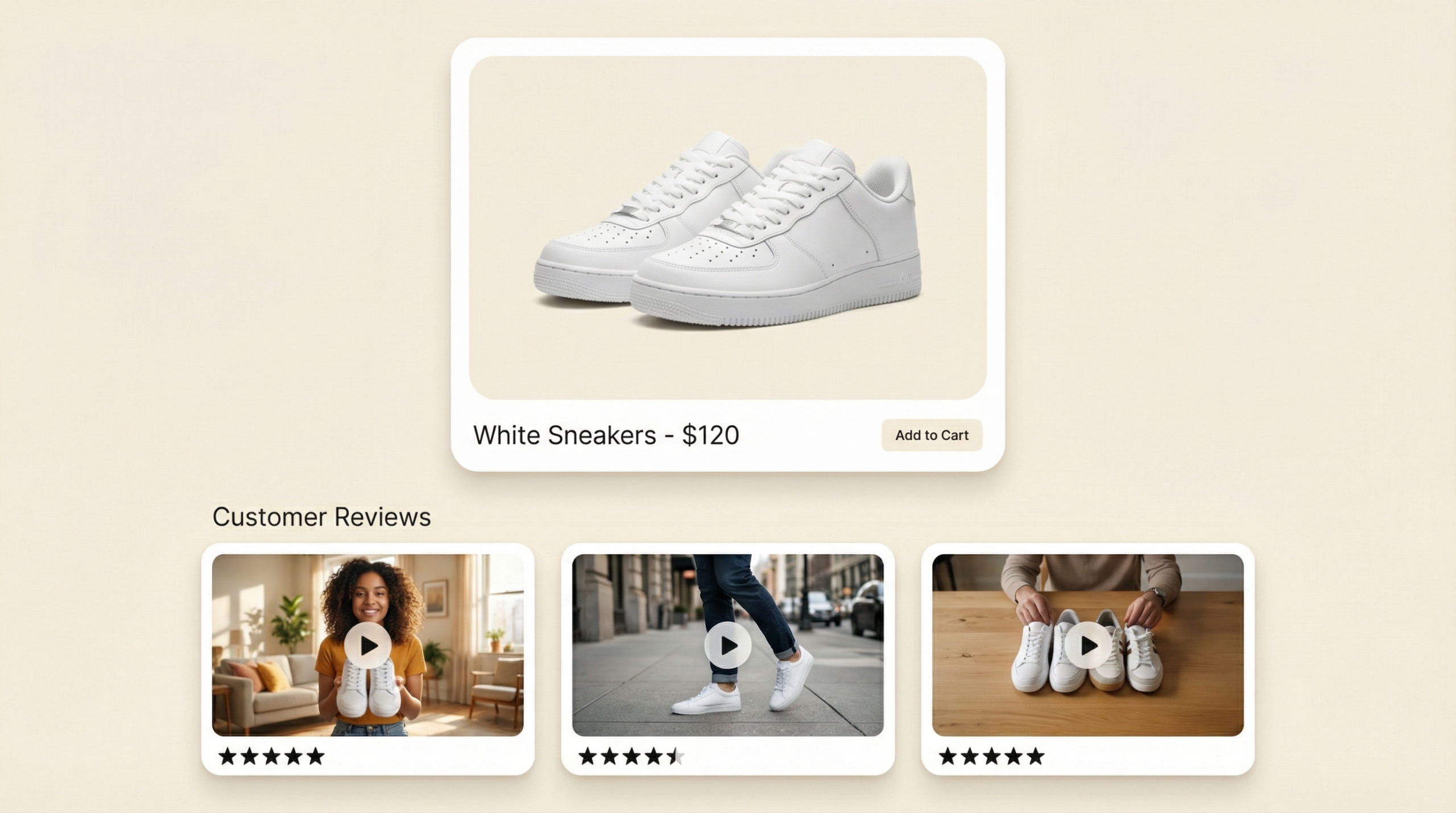 AI ecommerce product interface displaying sneakers with pricing, purchase option, and customer review content with ratings