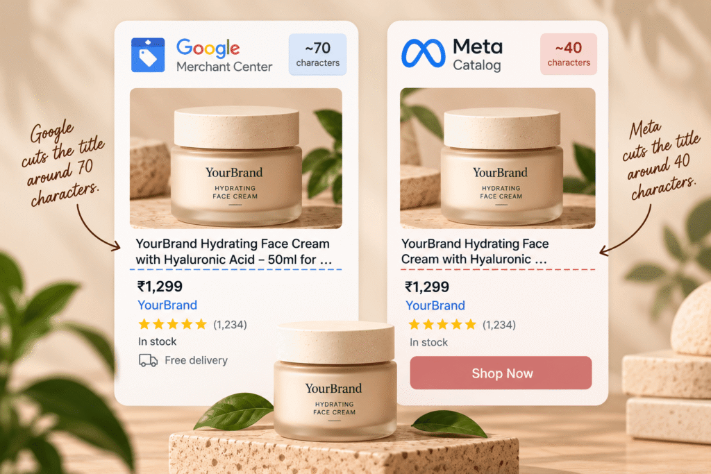 The same product title cut off at different lengths on Google and Meta