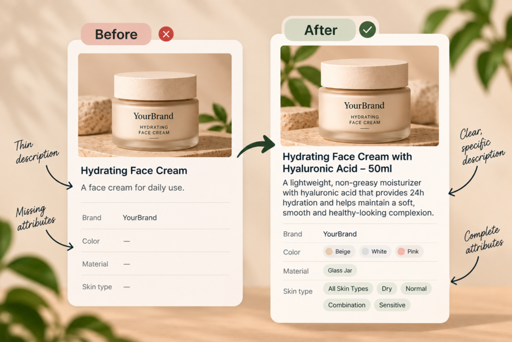 'A thin product listing compared with an enriched listing with filled attributes