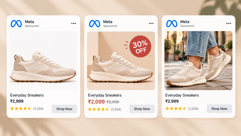 Meta catalog Ads | The same product shown as a plain catalog ad, with a discount overlay, and as a lifestyle image